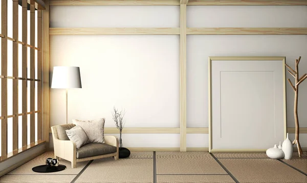 Simular marco de póster en la habitación muy zen con sillón en tatami fl —  Fotos de Stock