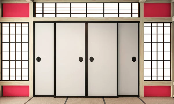 Ryokan rojo habitación vacía zen muy japonés estilo con tatami mat fl — Foto de Stock