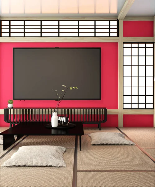 Mock up Tv room, smart tv on red wall zen room very japanese sty
