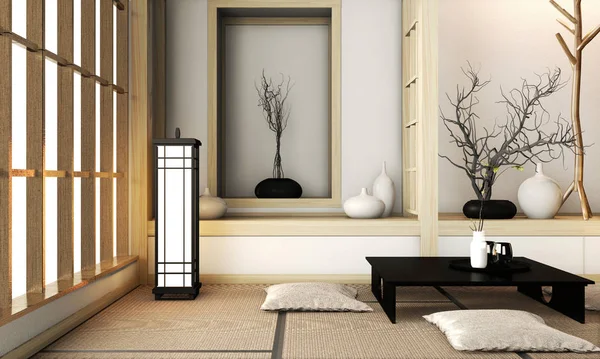 Tatami hasırında Japon stili dekoratif bir oda.
