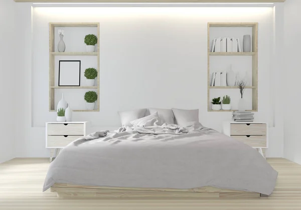 Beyaz yatak odası Japon tasarımı 3D tasarım. — Stok fotoğraf