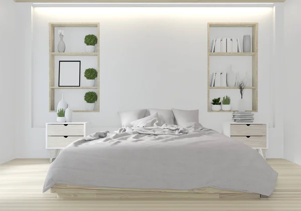 Habitación blanca cama japonesa design.3D rendering —  Fotos de Stock