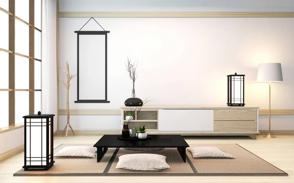 Interior kamar Zen dengan meja rendah dan bantal di tatami mat in woo — Stok Foto