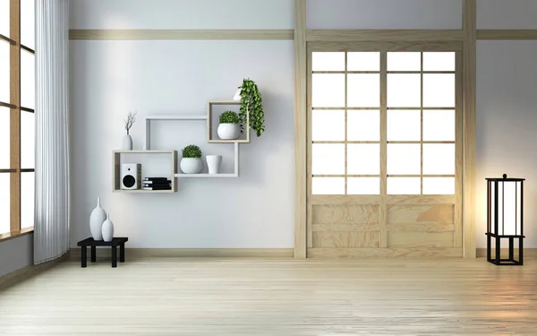 Boş ahşap zen odasının içi Japon stili 3D tasarım.