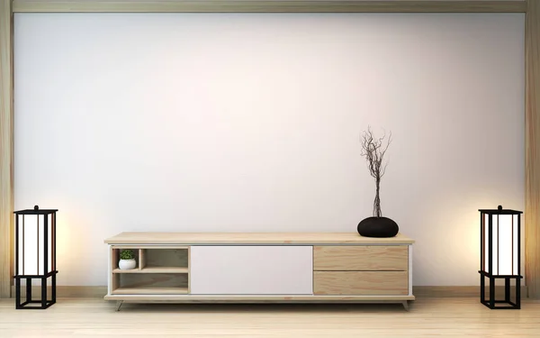 Gabinete de estilo zen de madera en habitación de madera estilo japonés. 3D render —  Fotos de Stock