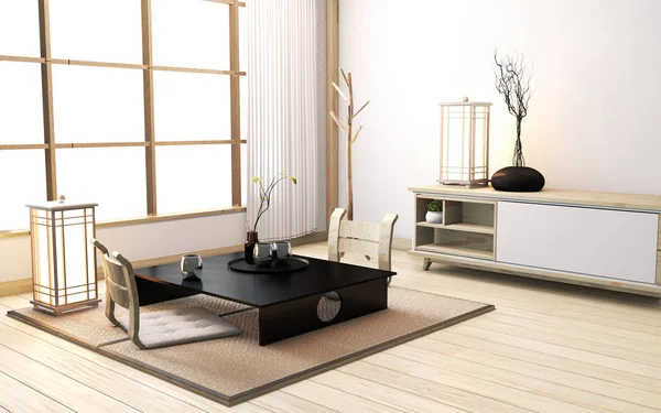 Zen odasının içi alçak masa ve yastıkla doludur. — Stok fotoğraf
