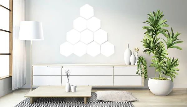 Hexagon tile lamp on wall and wooden cabinet minimal design on m — Stock Photo, Image