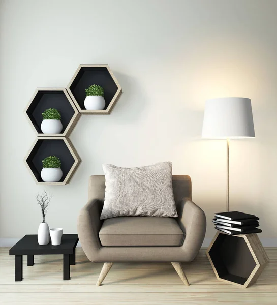 Idea of Hexagon shelf wooden design on wall and arm chair japane — 스톡 사진