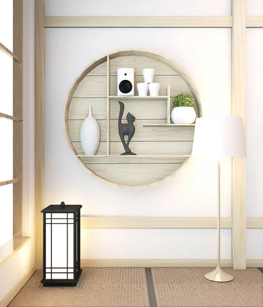 Camera Zen moderno interno giapponese con scaffale idea di design in legno — Foto Stock
