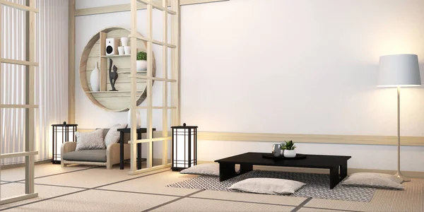 Zen quarto moderno interior japonês com prateleira ideia de design de madeira — Fotografia de Stock