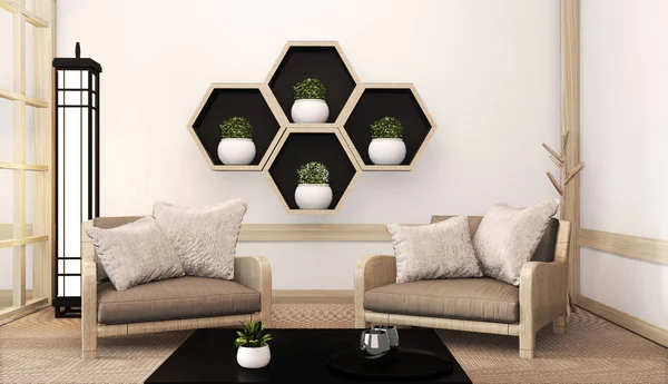 Hexagon raf ahşap tasarımı fikri Japonya 'da duvarda ve koltukta