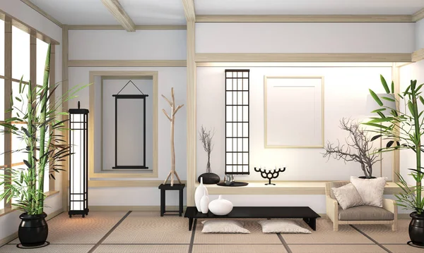 Moderní zen mix orinálního zen stylu dřevěný interiér místnosti s tata — Stock fotografie