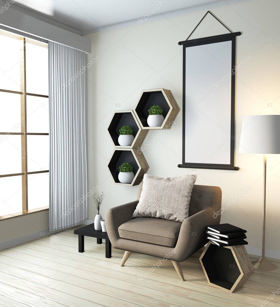 Idea of Hexagon shelf wooden design on wall and arm chair japane