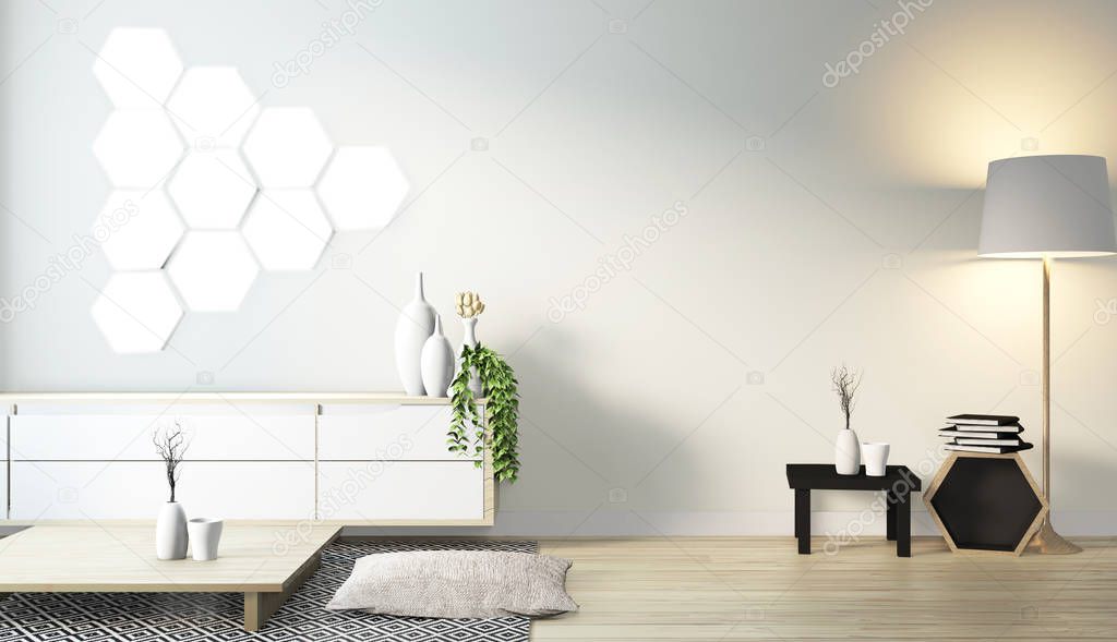 Hexagon tile lamp on wall and wooden cabinet minimal design on m