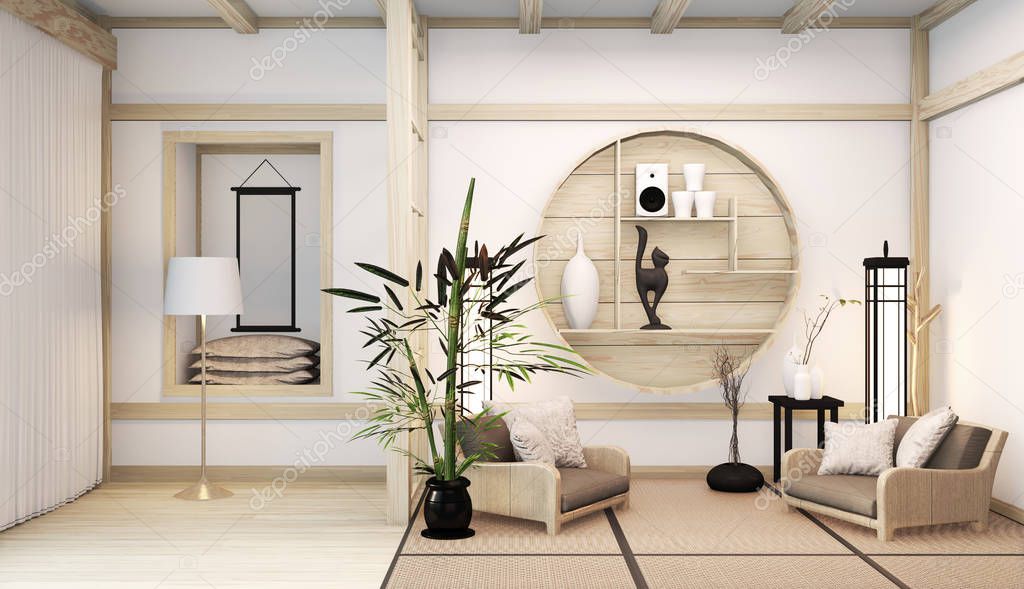 Zen modern room japanese interior with shelf wooden design idea 