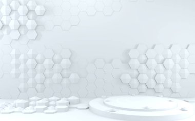 Fütürist konsept altıgen beyaz soyut vitrin. 3d oluşturma