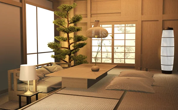 Camera de zi lemn japonez design interior. Redare 3D — Fotografie, imagine de stoc