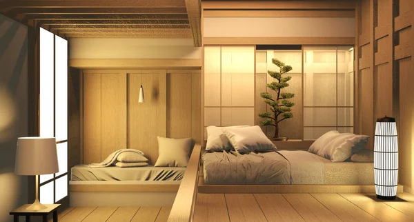 Habitación vacía de madera en el suelo de madera japonés interior design.3D rend —  Fotos de Stock