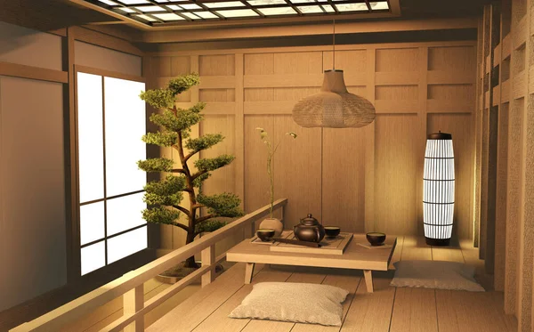 거실에 있는 일본 나무 인테리어 지정 .3d 렌더링 — 스톡 사진