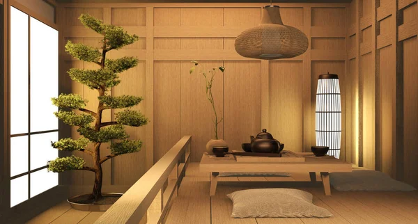 Σαλόνι ξύλο ιαπωνική εσωτερική σχεδίαση.3d απόδοση — Φωτογραφία Αρχείου