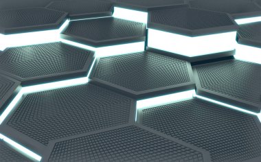 Gelecekçi konsept altıgen siyah soyut vitrin. 3d oluşturma