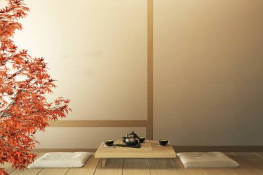 Ahşap zemin ve dekor japa ile minimalist modern zen oturma odası