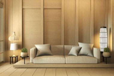 Duvar ahşap iç tasarım, zen modern oturma odası Japon stili.