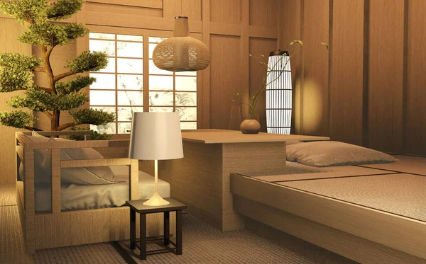 Sala de estar madera japonés interior design.3D rendering — Foto de Stock