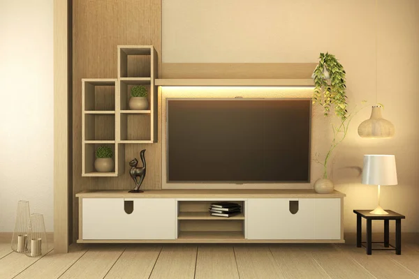 Beyaz ahşap döşeme ve beyaz duvar, minimalist ve tv dolap — Stok fotoğraf