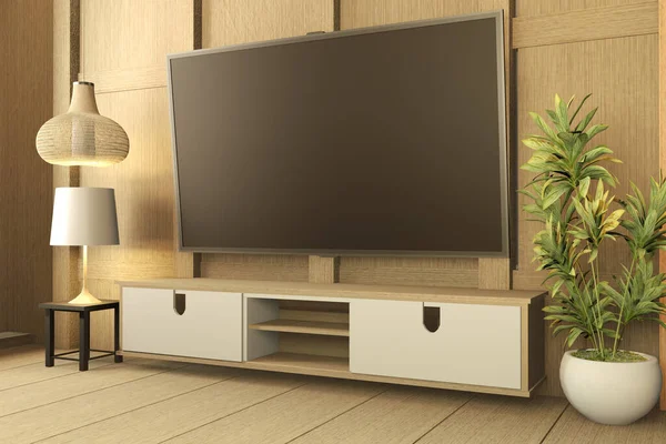 Televizní skříň na bílé dřevěné podlaze a na bílé stěně, minimalistická a — Stock fotografie