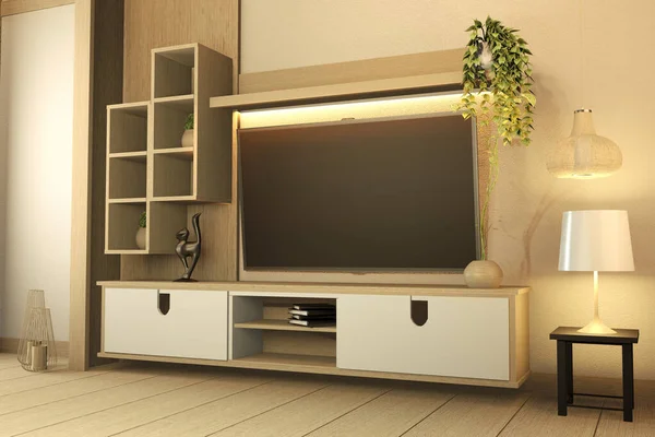 Televizní skříň na bílé dřevěné podlaze a na bílé stěně, minimalistická a — Stock fotografie