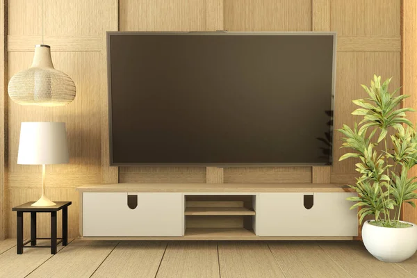 Armário de TV no piso de madeira branca e parede branca, minimalista e — Fotografia de Stock