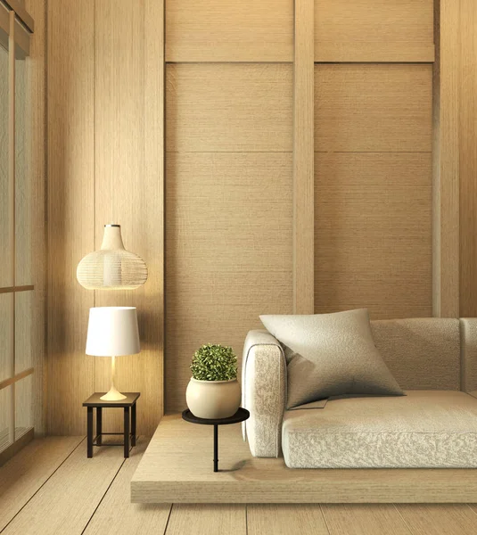 Vägg trä inredning, zen modernt vardagsrum japansk stil — Stockfoto