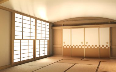 Ahşap zemin üzerinde boş oda ahşabı Japon iç dizaynı 3D yırtık