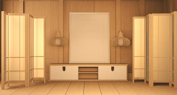 Mueble de la TV de madera en el estilo moderno de la habitación zen, diseños mínimos . —  Fotos de Stock