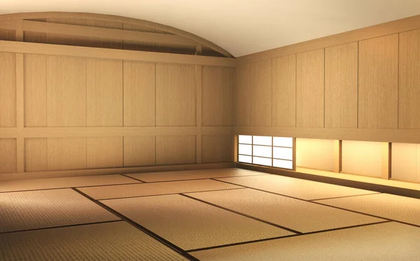 Ahşap zemin üzerinde boş oda ahşabı Japon iç dizaynı 3D yırtık — Stok fotoğraf