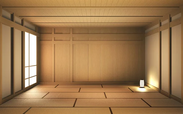 Madeira vazia do quarto no assoalho de madeira projeto japonês do interior.3D rend — Fotografia de Stock