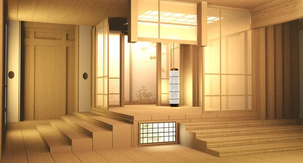 Habitación vacía de madera en el suelo de madera japonés interior design.3D rend — Foto de Stock