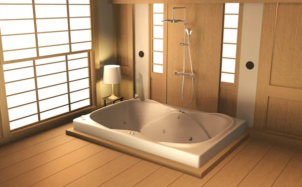 Zen design banheiro parede de madeira e piso - estilo japonês. 3D r — Fotografia de Stock