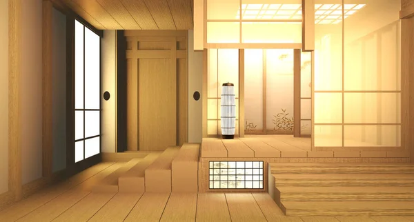 Κενό ξύλο δωμάτιο σε ξύλινο πάτωμα ιαπωνικό εσωτερικό σχεδιασμό.3d τάση — Φωτογραφία Αρχείου