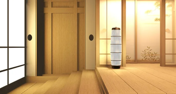 Lege kamer hout op houten vloer Japanse interieur design.3d scheuren — Stockfoto