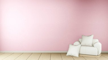 Modern Zen oturma odası iç mekanı, beyaz kanepe ve dekorasyon Japon tarzı pembe sakura duvarlı arka plan. 3d oluşturma