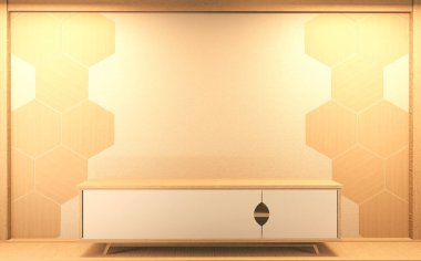 Modern bir odada televizyon dolabı, Zen boş, Japon tarzı ürünler, düzenleme için kullanılıyor. 3d oluşturma