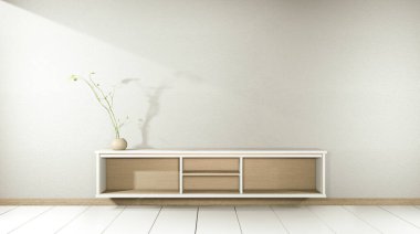 Modern boş odada ahşap dolapta televizyon ve beyaz zemin üzerinde Japon tarzı beyaz duvarlar. 3d oluşturma