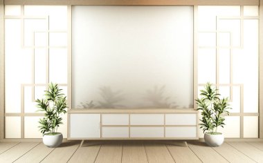 Modern bir odada televizyon dolabı, Zen boş, Japon tarzı ürünler, düzenleme için kullanılıyor. 3d oluşturma