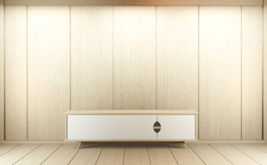 Modern bir odada televizyon dolabı, Zen boş, Japon tarzı ürünler, düzenleme için kullanılıyor. 3d oluşturma