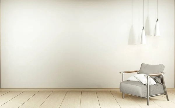 Modern Zen oturma odası, beyaz kanepe ve dekorasyon Japon tarzı beyaz duvar arka planı. 3d oluşturma