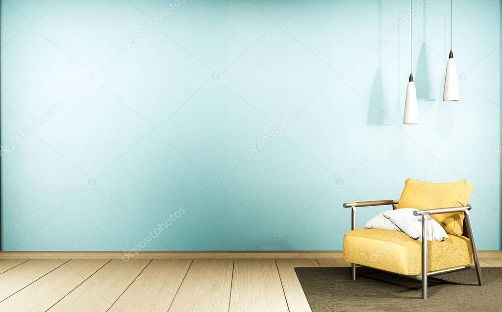 Living room with yellow sofa and decor on mint wall background, 3D rendering
