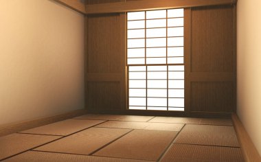 İç mimari Japonya Oda Tasarımı 'nı Japon tarzı tasarlıyor ve beyaz zemin kurgu için bir pencere sağlıyor. 3B görüntüleme
