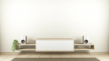 Modern boş odadaki televizyon dolabı Japonca - zen tarzı, minimal tasarımlar. 3B görüntüleme